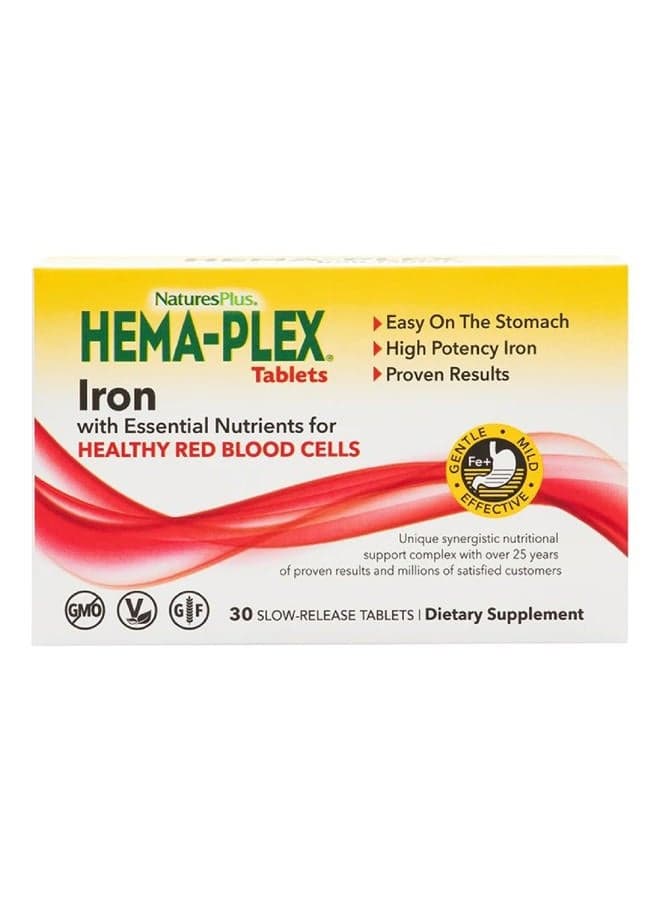 Hema-Plex Iron - 30 Slow-Release Tablets, Pack of 2 - Total Blood Health - 85 mg Chelated Iron - with Vitamin C & Bioflavonoids - Non GMO, Vegetarian & Gluten Free - 60 Total Servings