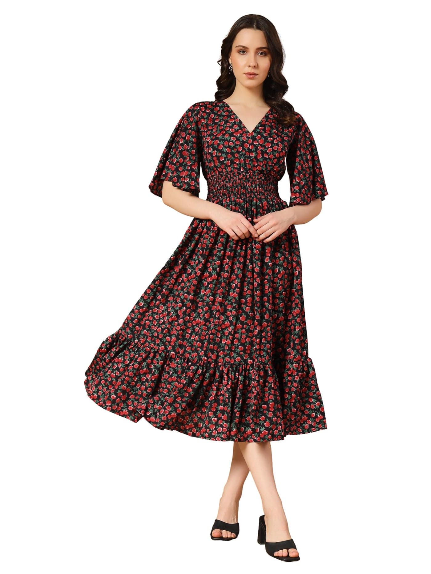 KZULLY | Beautiful Floral Pattern & Flared Sleeve | Print Midi Dress | Eye-Catching Design | Perfect for Casual, Office Flattering Fit and Soft, Comfortable Fabric