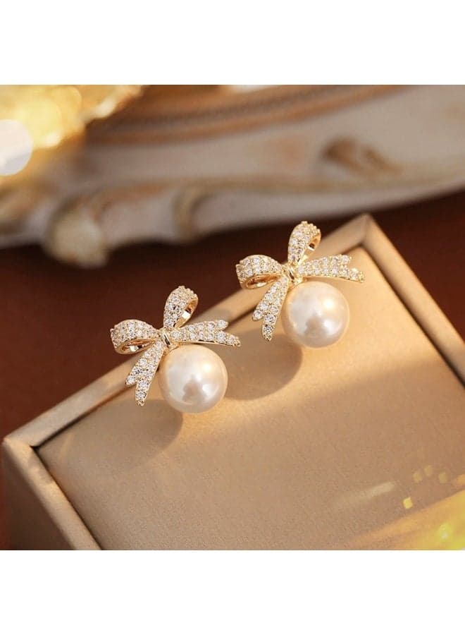 Bowknot Zircon-Inlaid Imitation Pearl Earrings – Fashionable Niche Design Stud Earrings for Women with a Fresh and Elegant Style