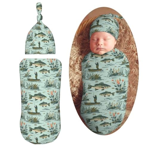 Muishi Fisher and Bass Fishes Newborn Swaddle Blankets Hat Sets Soft Baby Receiving Blanket Swaddle Sack for Baby Shower Infant Boy Girl Gift