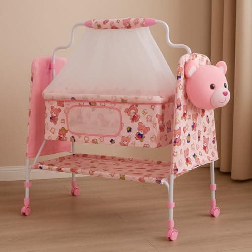 PANDAORIGINALS New Born Baby Swing Baby Cradle Baby Crib Jhula with Mattress Pillow Adjustable Height and Mosquito Net Bassinet & Wheels (Panda Pink)