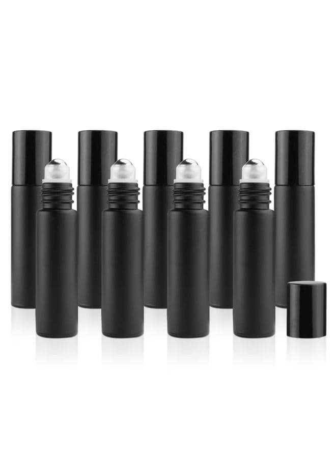10Pcs 10ml Frosted Roller Bottle for Essential Oils,Empty Glass Roll-On Vials with Stainless Steel Roller Ball,Metal Lid Perfume Sample Oil Container-Opener&Dropper Included,Black