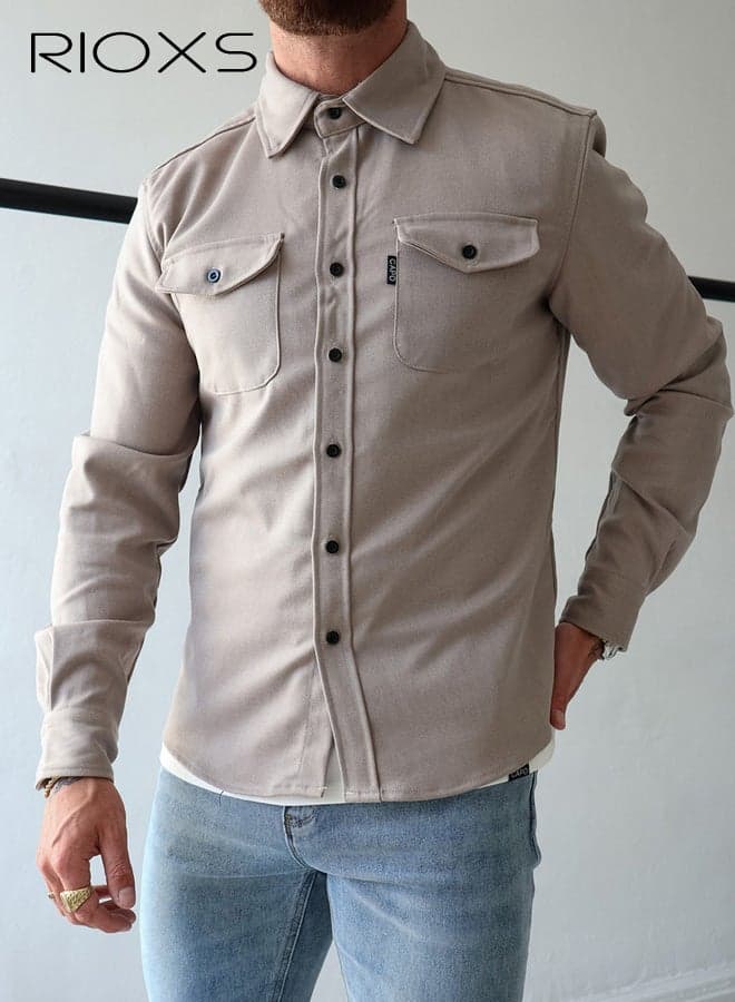 Men's Casual Shirt, Youth Cotton Blend Button Down Shirt, Slim Fit Long Sleeve Solid Color Top, Breathable Office and Daily Wear, Classic Pale Apricot Lapel Collar with Dual Pockets, Spring Summer Autumn Essential for Men