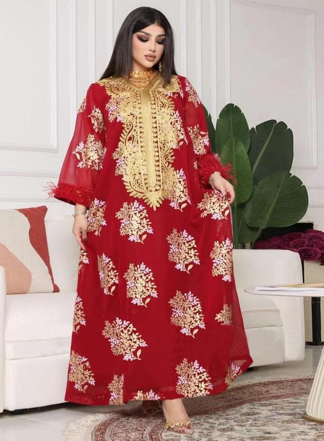 Women Red Embroidered A-Line Jalabiya