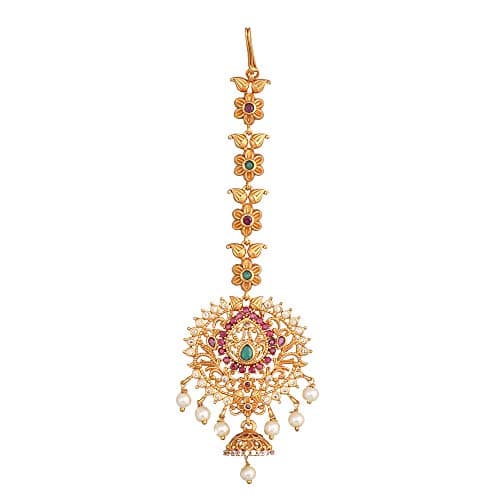 TARINIKA Antique Maang Tikka(Nethi chutti) for Women, Gold Plated Brass & CZ Stones Head Jewelry, Traditional Wedding Mang tikka Festive & Bridal Accessory (Ishita Antique(White Red Green))
