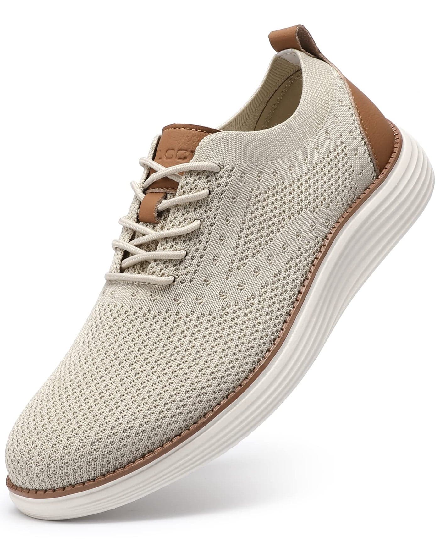 VILOCY Men's Casual Dress Sneakers Oxfords Business Shoes Lace Up Lightweight Comfortable Breathable Walking Knit Mesh Fashion Sneakers Tennis Beige,EU46