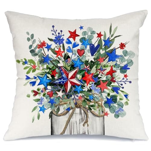 AACORS 4th of July Pillow Covers 18x18 Inch Stars Floral Vase Butterfly Decor Patriotic America USA Holiday Pillow Case Independence Memorial Day Decorations for Home Sofa Couch AA53218