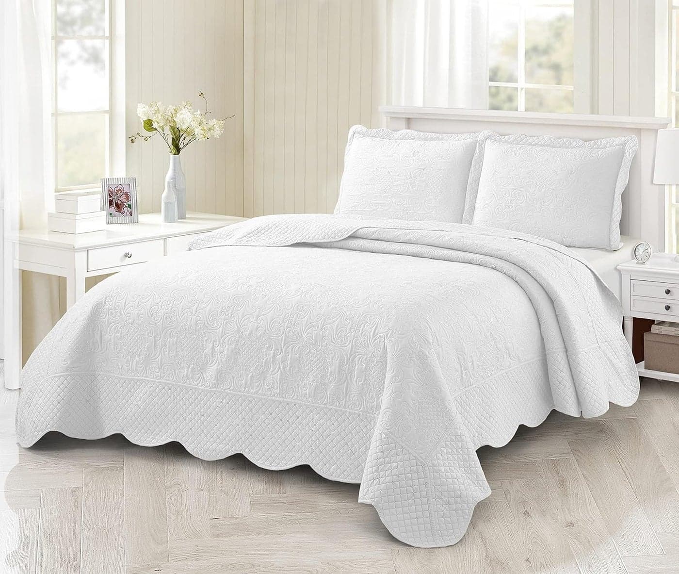 BOREA home collection 3Piece Queen Ultrasonic Bedspread Set Coverlet Set Cream Quilt Queen Lightweight Quilt Set Embossed Farmhouse Bedding Set Solid Color Coverlet Bedspread Beige