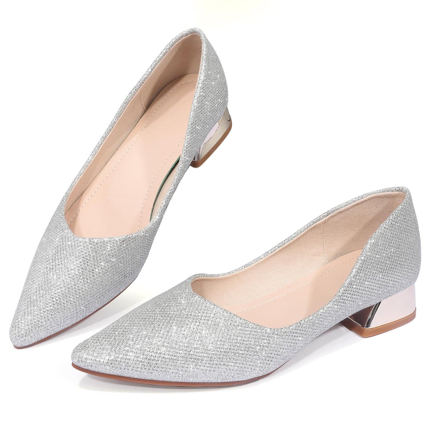 Womens Low Block Chunky Heels Pointed Toe Closed Toe Work Pumps Slip on Comfort Dress Shoes for Women Silver Size 7