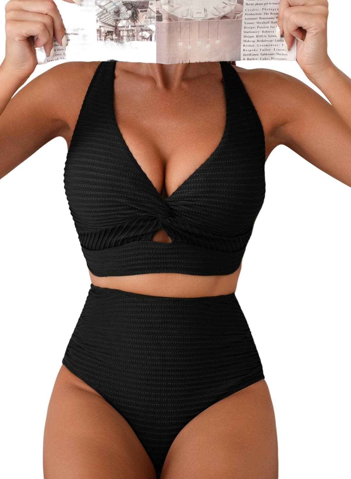 Herseas Women's Black Bikini Sets Twist Front Adjustable Top Swimsuits High Waisted Textured Push Up Bathing Suits Large