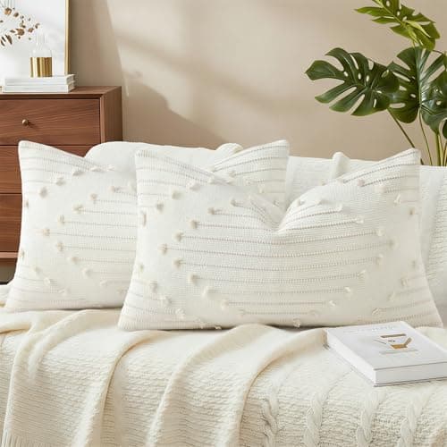 Mecatny Boho Summer Outdoor Throw Pillow Covers 12X20 Set of 2, Farmhouse Lumbar Pillow Covers for Couch Sofa Living Room, Beige & Cream White