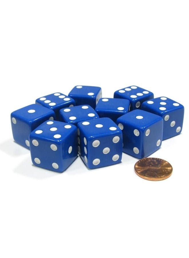 Set of 10 Large Six Sided Square Opaque 19mm D6 Dice - Blue with White Pip Die