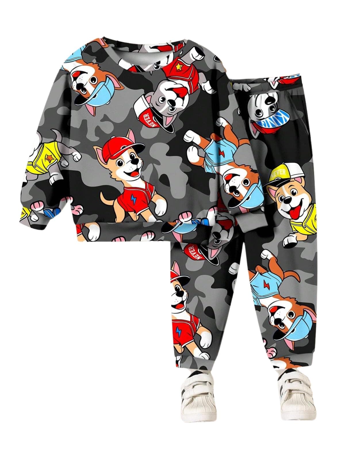 URBAN OX Kids Cartoon Puppy Print Sweatshirt and Joggers Set, Grey Camouflage Pattern, Casual Wear (Black, 2 Years-3 Years)
