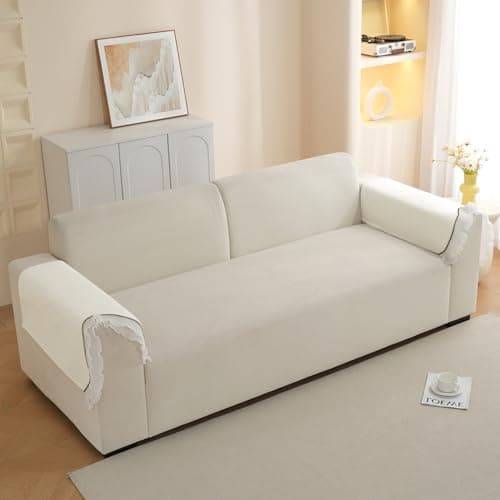 HOKIPO 'French Classic Frill' Wavy Anti-Slip Sofa Armrest Cover with Curve & Lace, 1 Pair, Snow White Ivory (AR-6137-IVY*2)