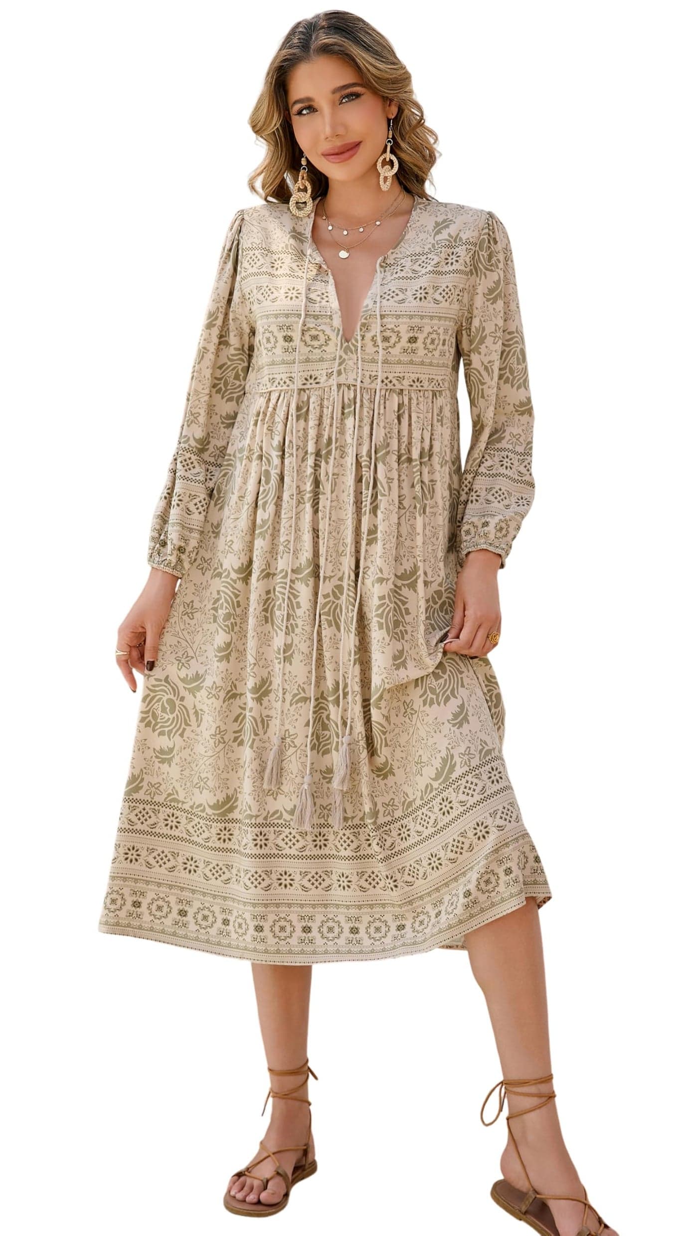 R.Vivimos Women's Long Sleeve Floral Print Retro V Neck Tassel Bohemian Midi Dresses (Large, LightKhaki)