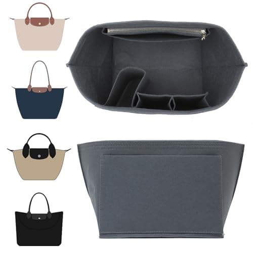 Doxo Purse Organizer Insert for Longchamp Le Pliage, Premium Felt Tote Bag Organizer with 8 Compartments and Zippered Pocket (Light Grey, Large)
