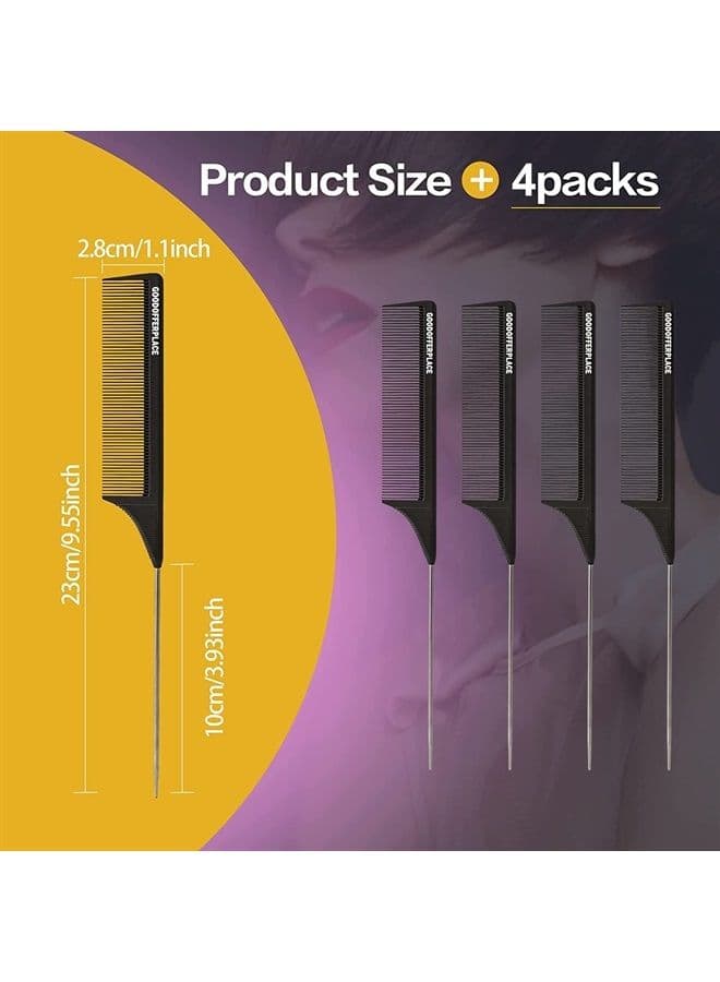 4PCS Hair Rat Tail Combs Carbon Parting Rattail Combs Teasing Fine Tooth Comb Metal Hair Pick Detangling Combs Set for Women,Girls for Curly,Braiding,Styling Hair(Black)