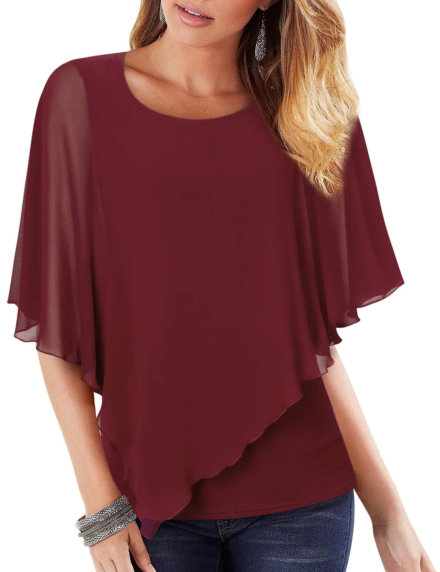 Lotusmile Blouses for Women, Ladies Business Casual Shirts Fashion Plus Size Bat Wing Dolman Poncho Tunic Dress Top Cute Holiday Chiffon Tunic Blouses & Button Down Shirts Dressy Work Tops Wine