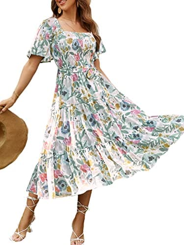 Amegoya Women's Boho Summer Floral Midi Dress Flowy Tiered Flutter Sleeve Square Neck Smocked Cottagecore Dress (Flower S)