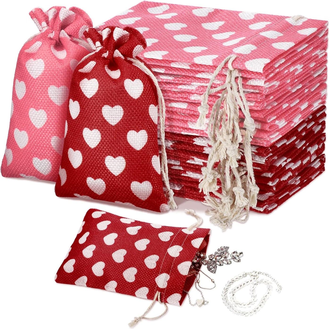 24 Pieces Valentines Day Burlap Bag with Drawstring Linen Bag with Heart Red and Pink Heart Bag for Valentines Day 4 x 6 Inches Heart Bag Party Favor Valentines Day Gift Bags Packing Storage Pouch