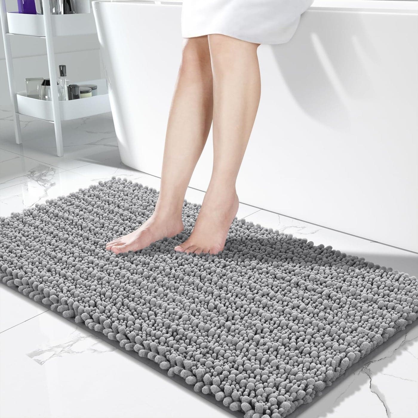 Yimobra Bathroom Runner Rug 55x24 Inch Extra Long Non Slip Chenille Bath Mat Soft Absorbent Machine Washable Shaggy Hallway Carpet for Vanity Tub Shower Gray Home Decor Accessories