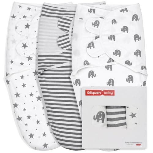 GLLQUEN BABY Swaddle Blankets for Baby Boy Girl, 3-6 Months, Gray Elephant Star & Stripe, 3 Pack Wrap Set, Newborn Adjustable Swaddles Sleep Sack,(Medium/Large)