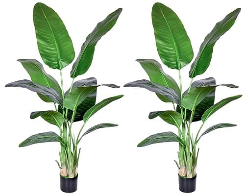 HAIHONG 2Packs 5FT Artificial Bird of Paradise PlantFaux Palm Tree Potted Plant with Real Touch LeavesFake Trees for Home Living Room Office Indoor Outdoor Decor5 FT2Packs