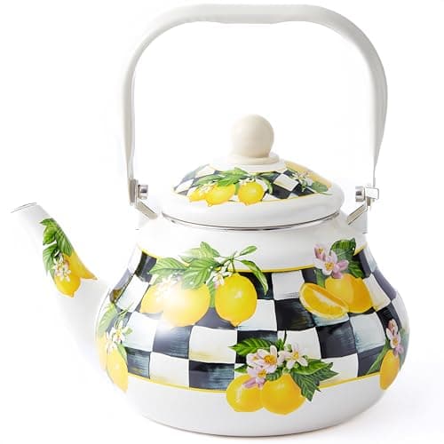 Checkered Tea Kettle with Lemon Pattern 2 Quart Enamel Stovetop Teapot for Women Home Cooks and Farmhouse Kitchen Decor Decorative Tea Kettle for Boiling Water on Gas or Induction Stove