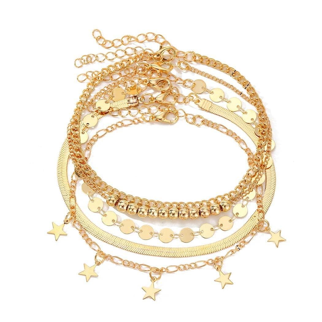 Boho Layered Sequin Anklet Gold Star Ankle Bracelets Beaded Beach Foot Chain Tassel Foot Jewelry for Women and Girls