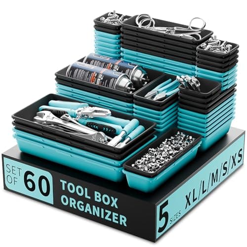 FLYVOLE Tool Box Organizer Tray, Toolbox Desk Drawer Organizer, Tool Box Tray, Toolbox Organization Storage for Rolling Tool Chest (60PCS (Blue+Black))