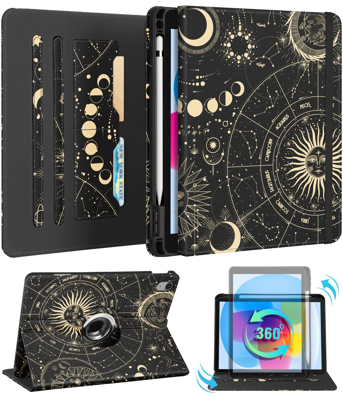 Kidcube for iPad 10th Generation Case 2022, for iPad (A16) Case 11th Generation 2025 - Women Girls Cute Rotating Stand Folio Cover with Pencil Holder & Card Slot Girly Sun Moon Star Design Teens Cases