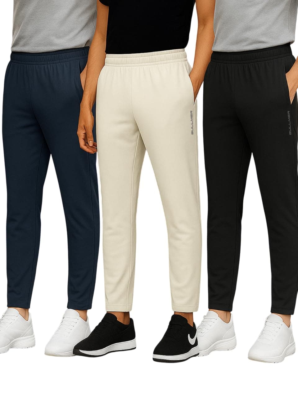 BULLMER Trendy Solid Cotton Blend Regular Fit Trackpant for Men | Mid-Rise Trackpant for Men - Pack of 3_Navy Blue/Beige/Black_Large