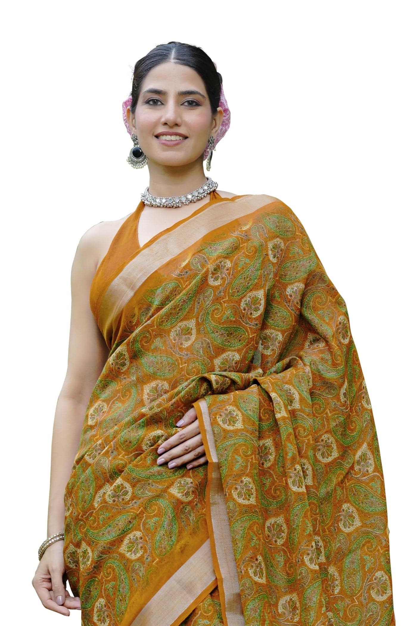MIRCHI FASHION Women's Cotton Blend Paisley Printed Saree with Blouse Piece (49662 - Dark Mustard, Green, Cream)