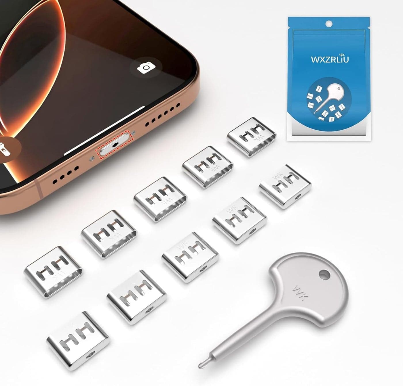 10Pcs Stainless Steel USB-C Port Lock with 1 Key, Type-C Female Plug Protector & Port Blocker - Compatible with iPhone 15/16, Samsung Galaxy S24/S23/S22/S21/S20, Note/A Series,Wireless Chargin