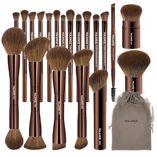 MAANGE 20 PCS Foundation Makeup Brush Set Doubleended Kabuki Brush Contour for Liquid Powder Concealer Cream Blending Blush Makeup Tools Brown