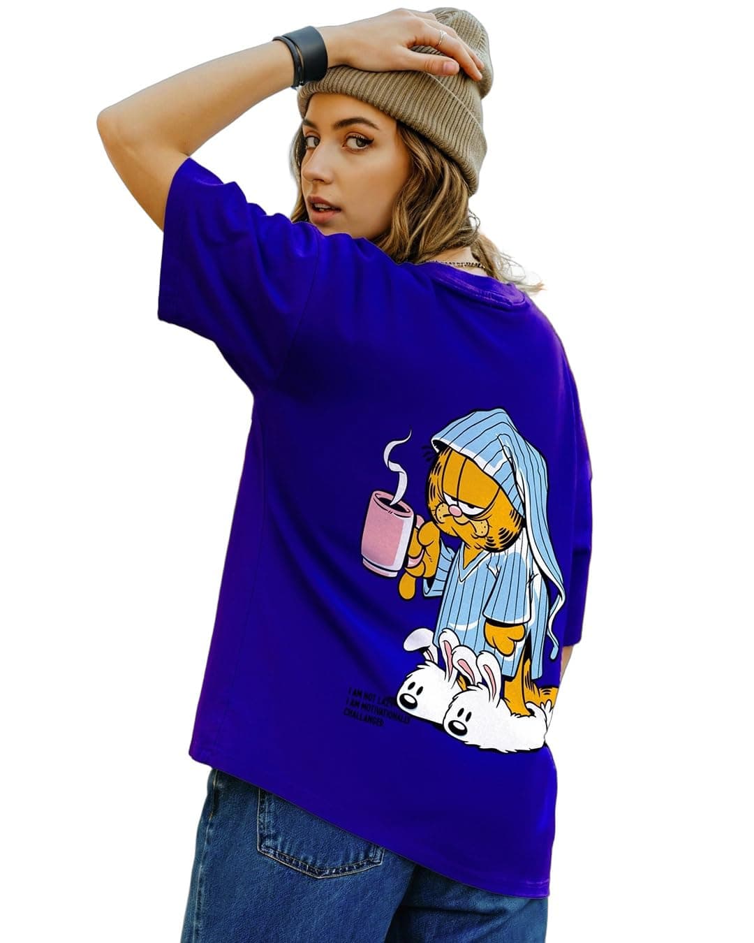 Bewakoof X Official Garfield Merchandise Women's Lazy Garfield Graphic Printed 100% Cotton T-Shirt - Oversized Fit, Round Neck, Half Sleeves, Blue, XS