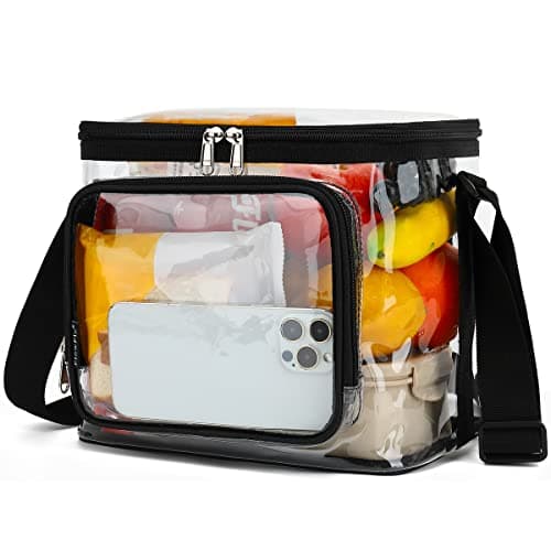 FlowFly Insulated Reusable Lunch Bag Adult Large Lunch Box for Women and Men with Adjustable Shoulder StrapFront Zipper Pocket and Dual Large Mesh Side Pockets Clear