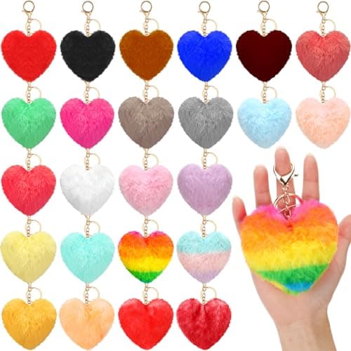Equsion 24 Pcs Heart Pom Keychain Bulk Colored Faux Fur Pom Gift for Mom Keychains Wholesale for Mothers day and women Multicolor