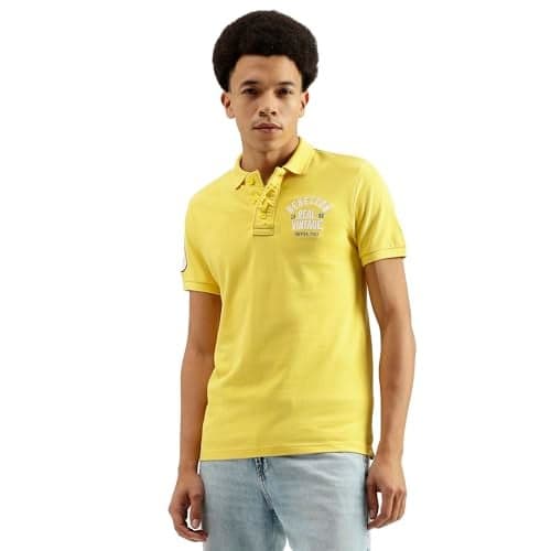 United Colors of Benetton Polo Neck Solid Pattern T-Shirt (Size: M)-24P3079J3021IGY5 Yellow