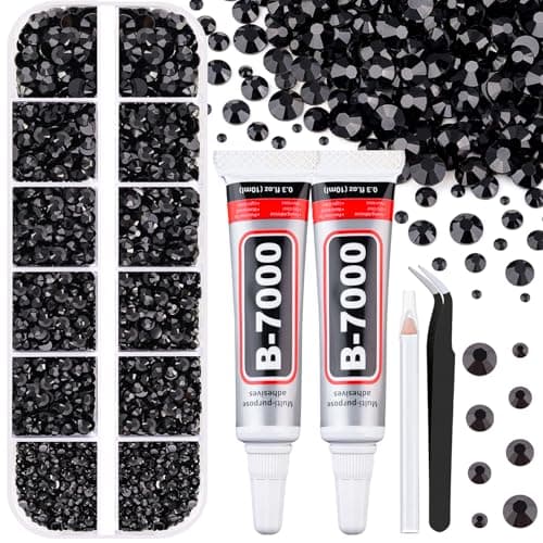 6100Pcs Resin Rhinestones for Crafting with 2Pcs 10ml B7000 Jewelry Glue, 1 Box Flatback Crystals Diamond (Black) for Bedazzling Crafts DIY Nail Art Non Hotfix Gems for Clothing Shoes Tumblers