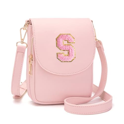 Viverte Crossbody Purse for Teen Girls Small Initial Cell Phone Toddler Purse Leather Triple Compartment Crossbody Bags Personalized Gifts for Teen Girls Preppy Cute Stuff (Light Pink A)