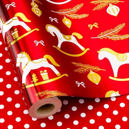 Yarcony Reversible Christmas Wrapping Paper Roll Red Foil Wrapping Paper Red Rocking Horse Holiday Gift Wrap Festive Present Packaging for Winter Celebrations Seasonal Decor 17Inch x 33Feet