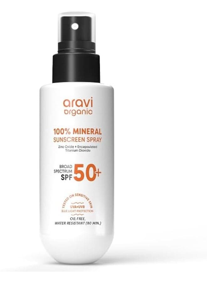 Aravi Organic 100% Mineral Sunscreen Spray SPF 50 PA++++ | Broad Spectrum & Blue Light Protection | Hydrating, Lightweight & Non-Greasy | No White Cast | Water Resistant 80 Mi | For Oily & Dry Skin