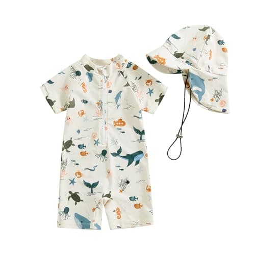 Socutebabe Toddler Infant Baby Boys Girl Swimsuit Kids Rash Guard One Piece Newborn Zipper Bathing Suit Swimwear with Hat (df-Beige,2-3T)