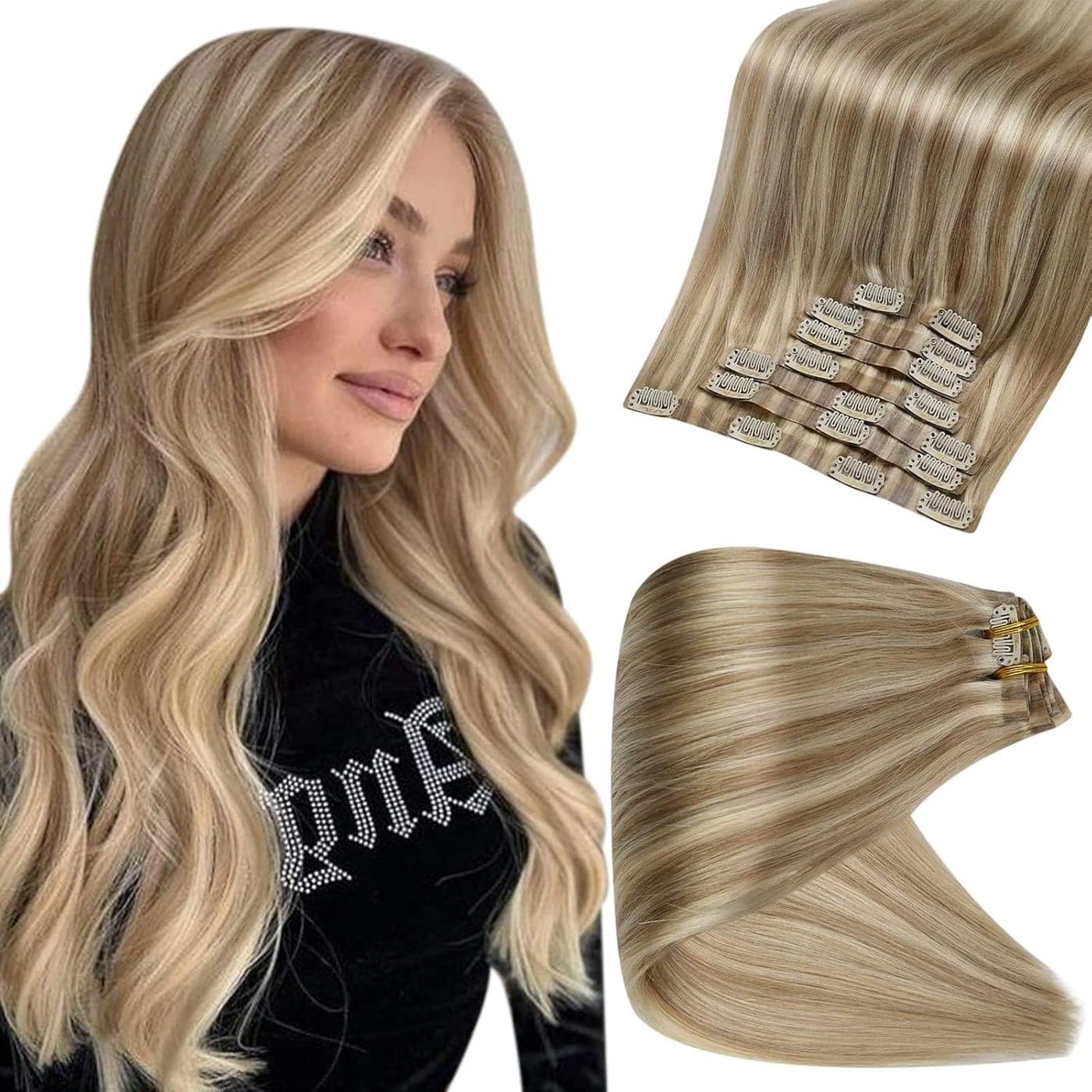 Full Shine Clip in Hair Extensions Blonde Highlighted Seamless Hair Extensions Clip ins Golden Blonde Mix Light Blonde Real Hair Extensions for Women Straight Remy Hair 18 Inch 8 Pcs 120 G