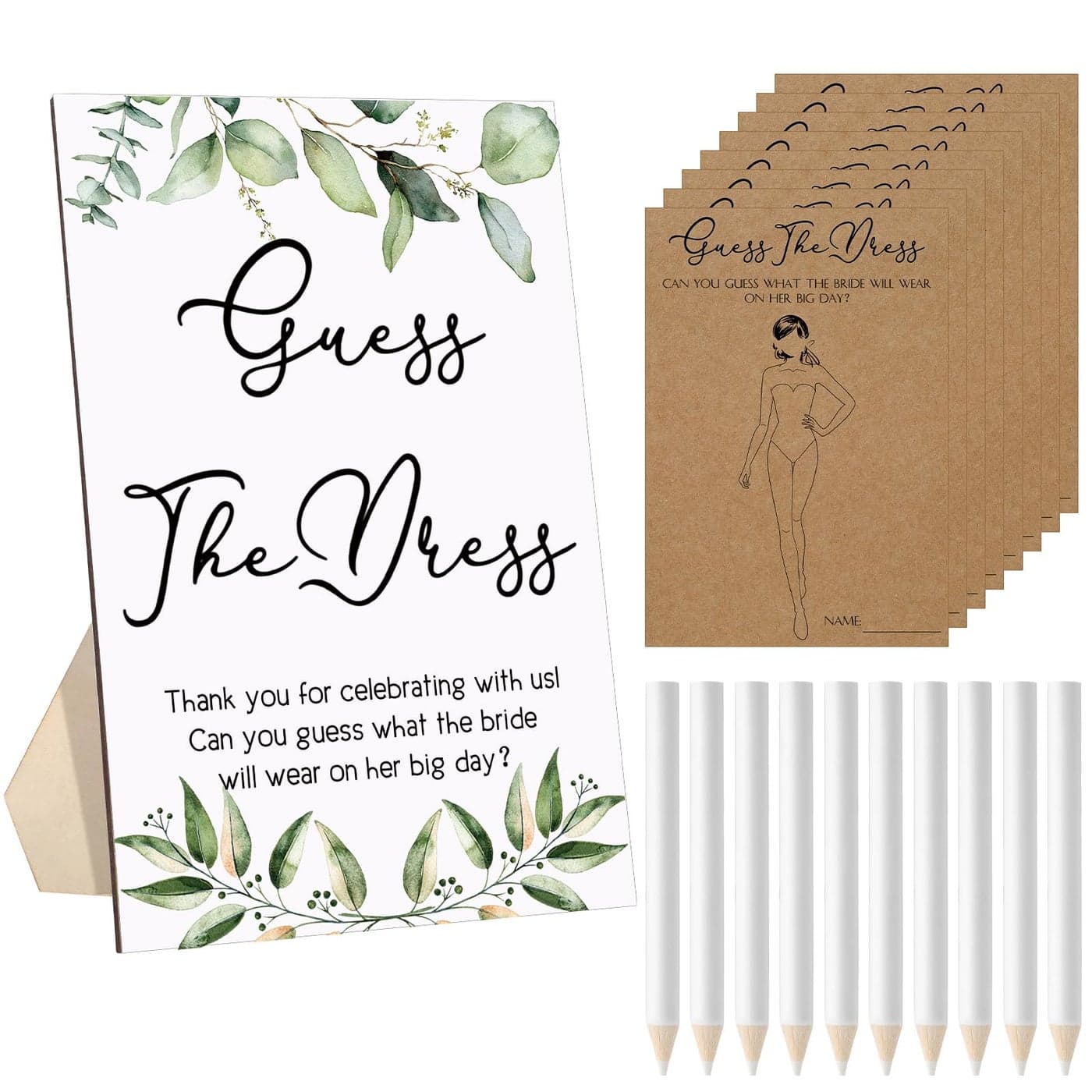 Seajan Guess The Dress Bridal Shower Game Wooden Sign Fun Bridal Shower Games Table Sign 50 Small Guessing Cards 50 Pencils for Guests Wedding Bachelorette Party SuppliesGreen Leaves