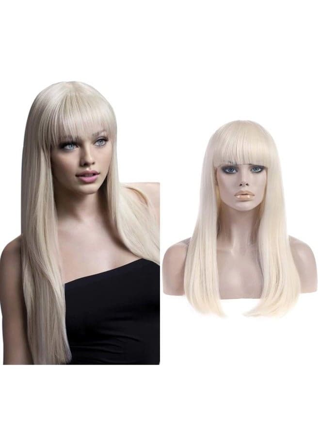 Women's Long Straight White Blonde Wig with Bangs Synthetic Hair for Cosplay Party Halloween Costume 25 Inch Adult Size
