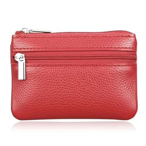 Hibate Red Small Leather Coin Purse Change Pouch for Women Men Kids with Zip Key Ring