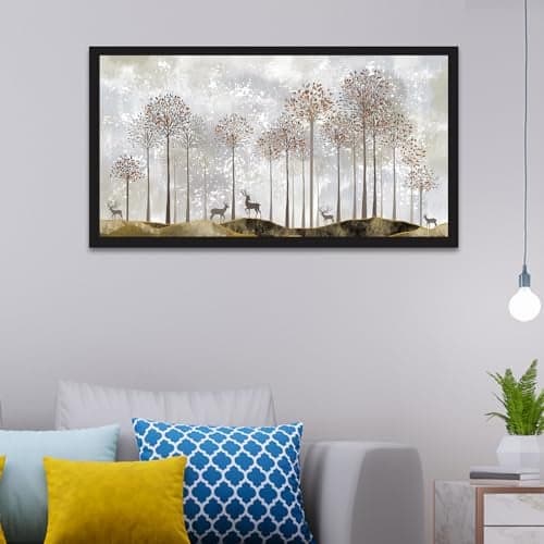 DEKORSTATION Golden Tranquility Modern Canvas Wall Art with Golden Tree and Deer Floating Frame Canvas Wall Painting for Home and Office Décor (24 Inch W x 12 Inch H)