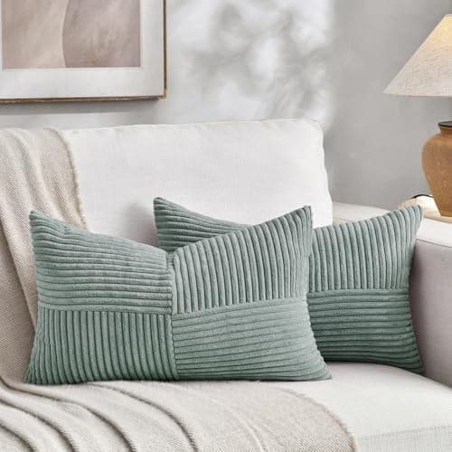 Fancy Homi 2 Packs Grey Blue Lumbar Decorative Throw Pillow Covers 12x20 Inch for Couch Bed Sofa Rustic Farmhouse Boho Home Decor Soft Striped Corduroy Rectangle Accent Cushion Case 30x50 cm